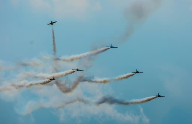A dynamic aerial display featuring airplanes performing aerobatics in clear skies at Radom Airshow.