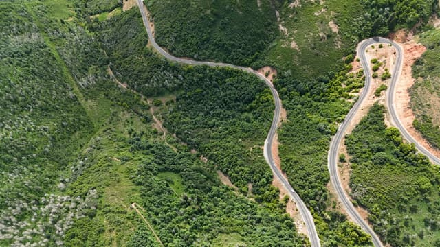 A scenic aerial shot showcasing a winding road through lush green mountains near Salt Lake City, Utah.
