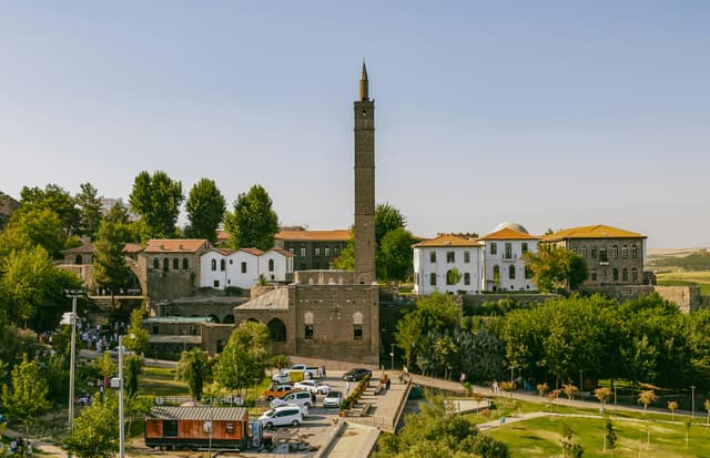 Panoramic view of historical buildings and famous minaret in Diyarbakir, Turkey.