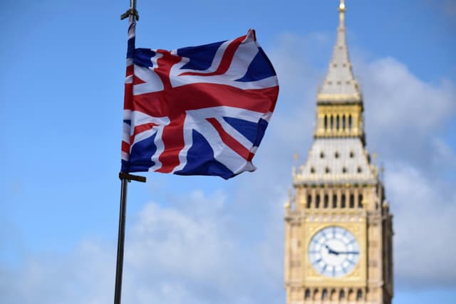 Union Jack flag waving in front of Big Ben, London, against a clear blue sky.