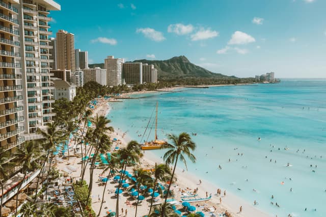 A stunning aerial view of Waikiki Beach, Honolulu with Diamond Head in the background.
