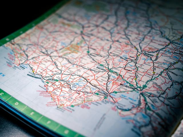 Close-up of a detailed road map highlighting routes in southeastern Australia.